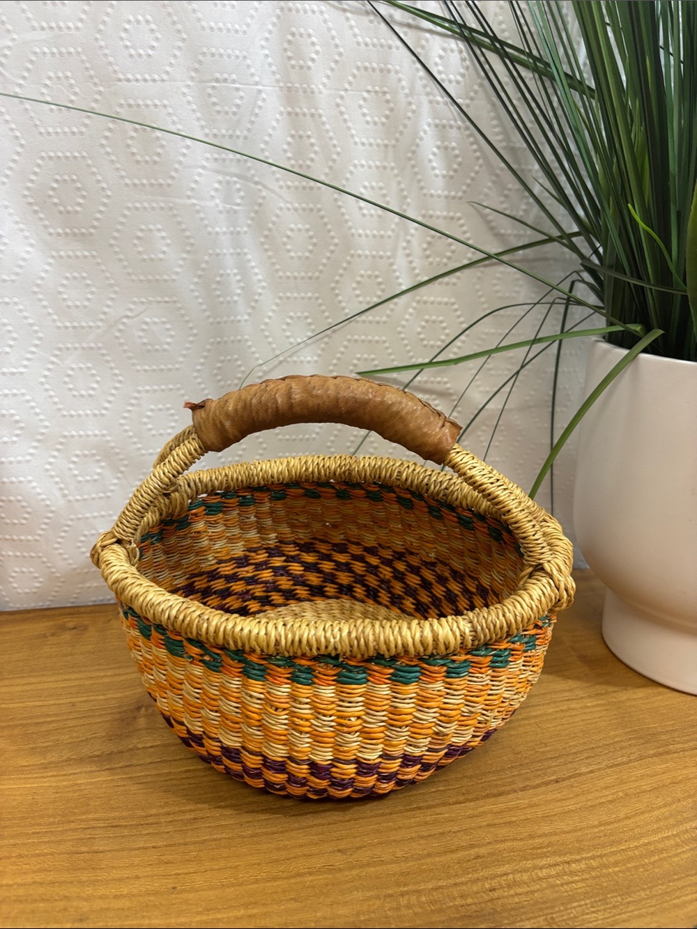 New African Mini Market Basket w/ Leather Handle